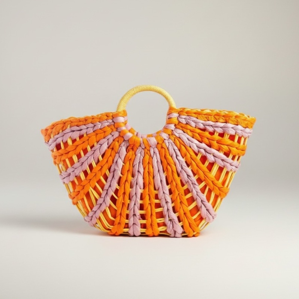Love of Fashion South Beach Drawstring Straw Handbag NWT Orange Lavender